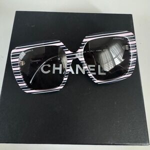 Chanel‎ CC Logo Striped Oversized Sunglasses Pink Black Authentic CoA